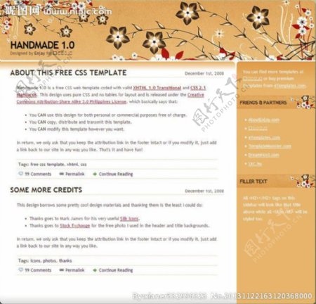 黄色花纹博客网页模板图片