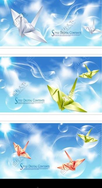 七款纸鹤与梦幻气泡背景图片