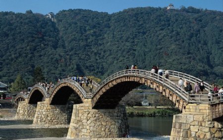 木桥与美丽山峰风景图片