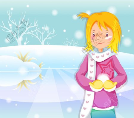 女孩在雪中玩雪图片