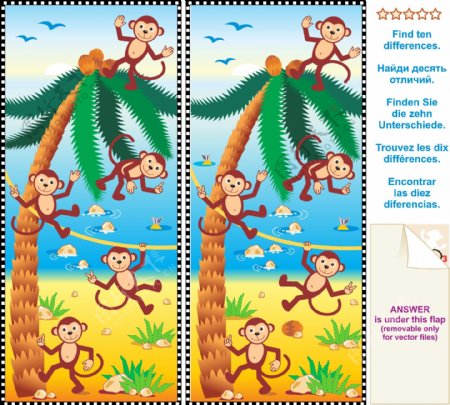 找不同图片卡通椰子树上的猴子