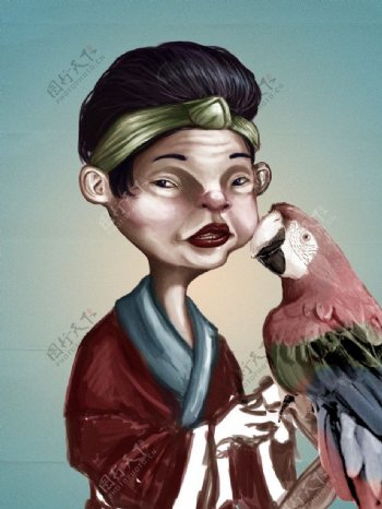 油彩画中国老奶奶鹦鹉图片