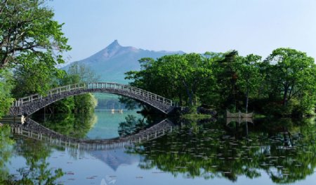 小桥河水蓝天青山图片