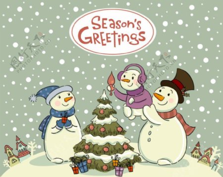 卡通雪人一家圣诞背景图片