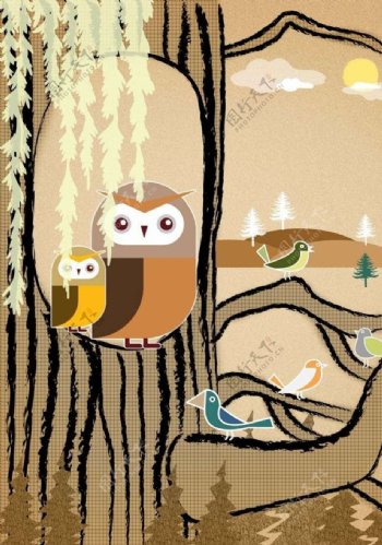卡通树林猫头鹰图片