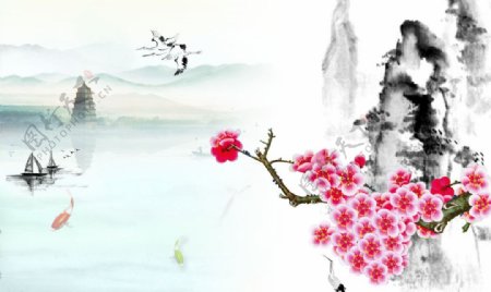 一枝独秀红梅山水图图片