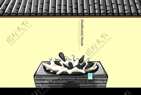 炒瓜子瓜子黑色锅古代房子奶插画图片