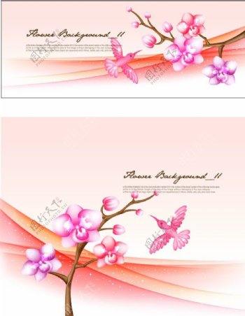 梦幻花纹粉色花粉色背景树枝小鸟图片