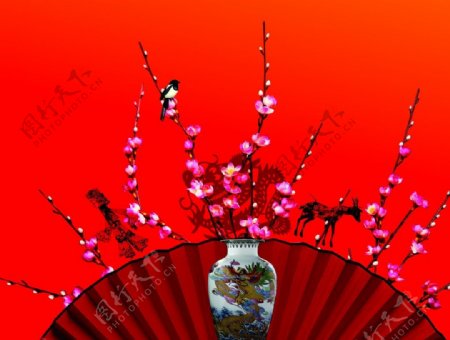 梅花喜鹊花瓶龙纹皮影图片