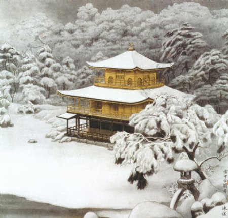 雪中金阁寺图