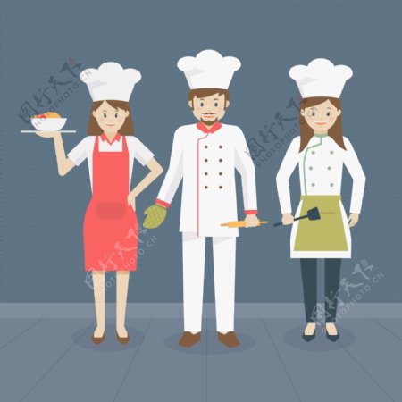 三位卡通男女厨师插图