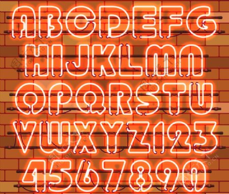 36个橙色霓虹灯字母和数字