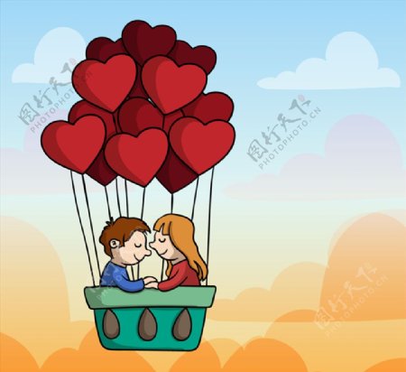 爱心热气球里的情侣矢量素材