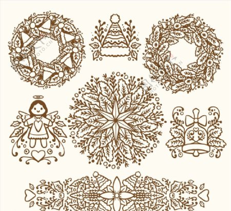 7款手绘圣诞花环和标签矢量图