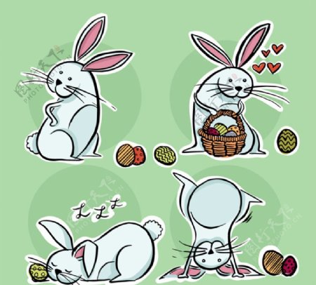 4款可爱灰色兔子和彩蛋矢量素材