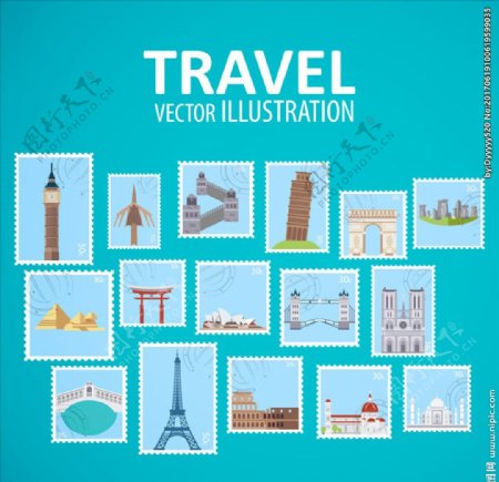16张世界旅行邮票