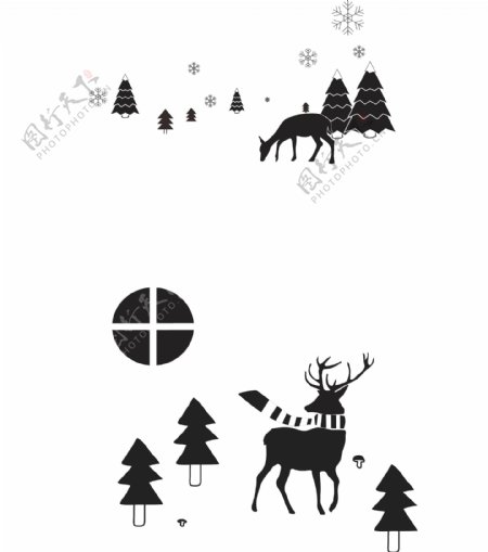 矢量麋鹿森林黑白卡通冬天