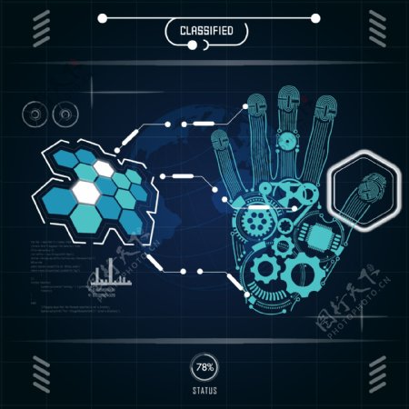 蓝色手掌指纹识别分析科技背景