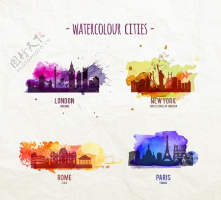 矢量水彩画剪影城市