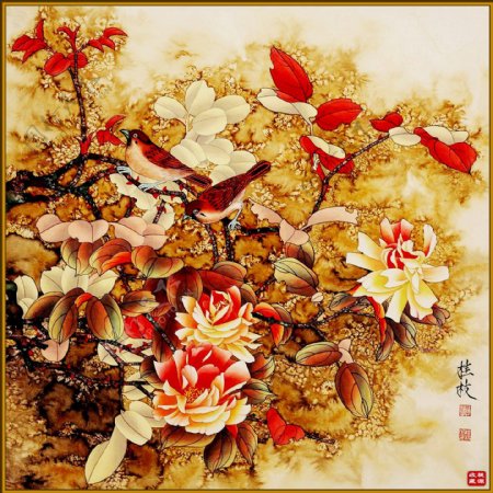 高清中国风牡丹花鸟工笔画