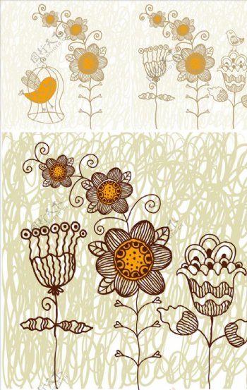 手绘线描矢量花卉背景