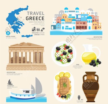 扁平卡通旅游素材希腊