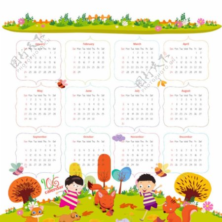 彩色儿童草地2016年日历表