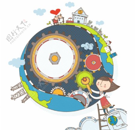 童趣维修地球的女孩插画矢量素材