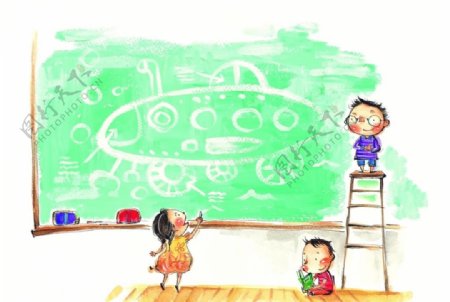 水彩画插画儿童在黑板上画飞碟