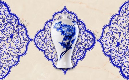 中式复古青花瓷背景画