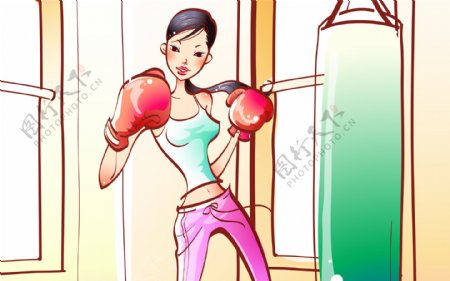 运动拳击卡通美女