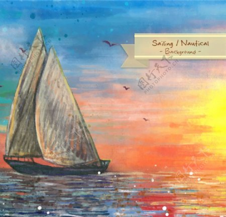 水彩帆船景观背景