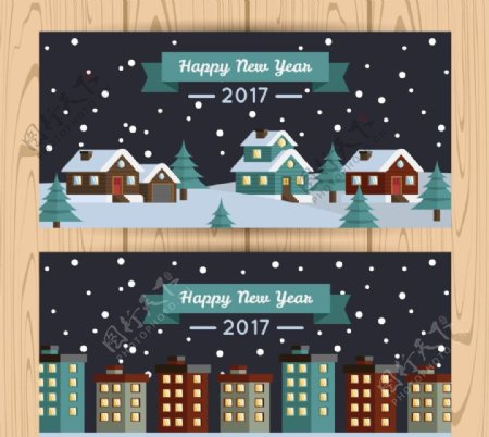 新年横幅与房屋建筑模板源文件