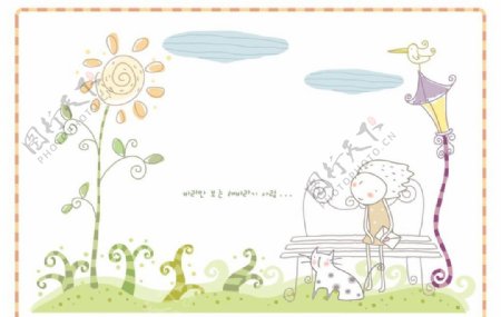 手绘插画向日葵与小女孩