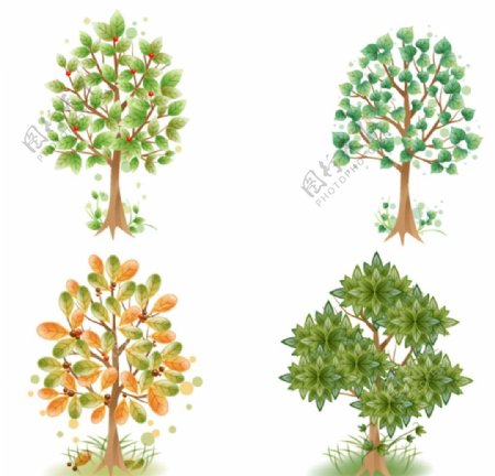 四棵淡彩叶子的卡通树