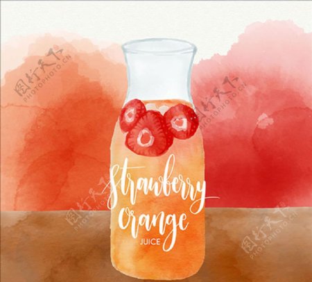 水彩草莓和橙汁的背景
