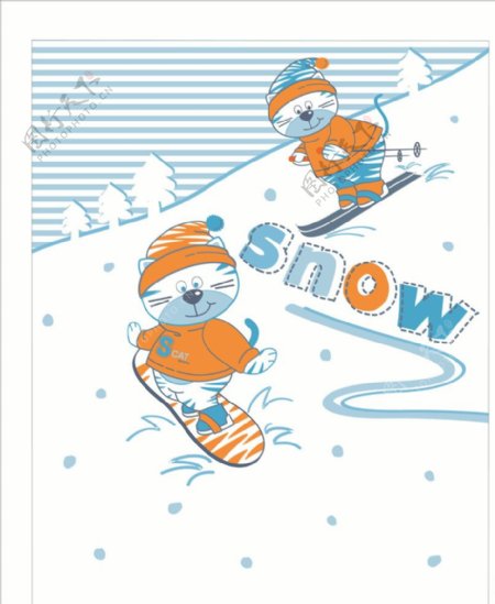 可爱卡通猫滑雪矢量图下载