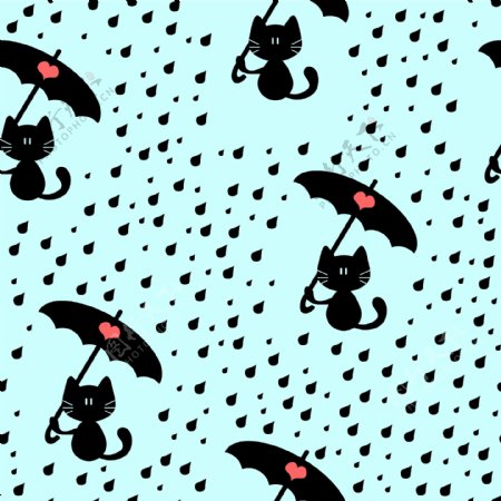 卡通猫下雨撑伞矢量图下载