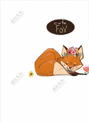 卡通狐狸花朵矢量图下载