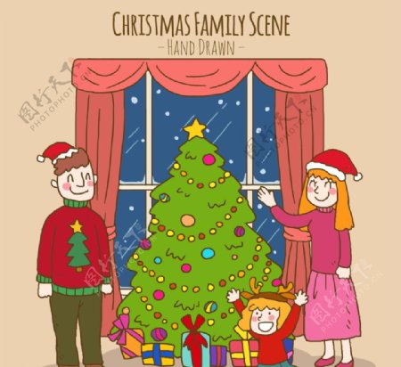 圣诞家庭场景与圣诞树