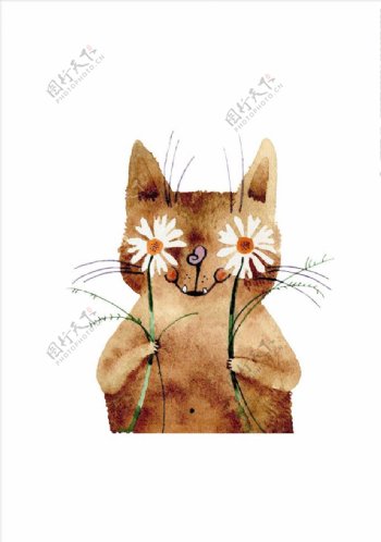 手绘卡通猫花朵图案