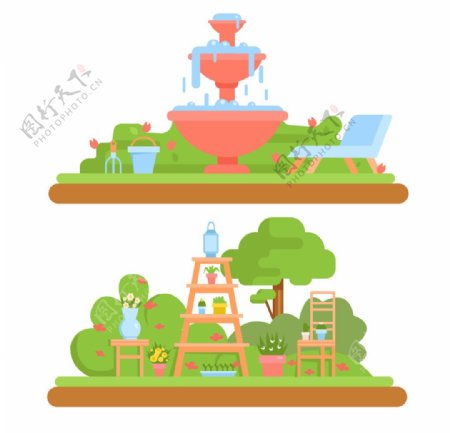 园林景观喷泉和花盆