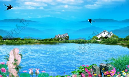 湖泊别墅风景画