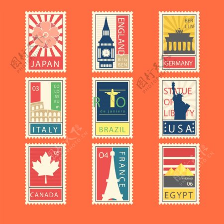九张彩色的城市邮票