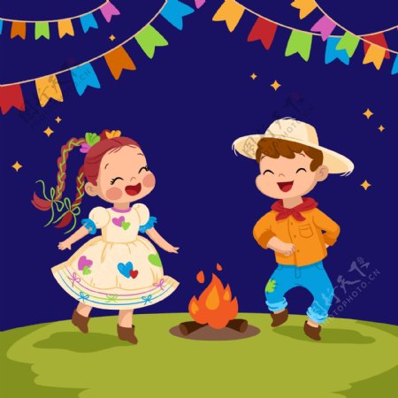 孩子们在篝火边上跳舞
