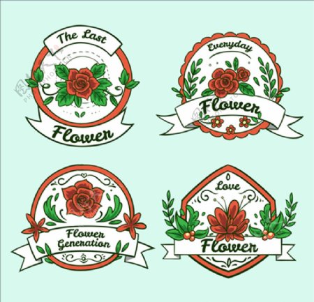 四款手绘红色花卉装饰标签