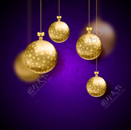 金色圣诞吊球紫底背景矢量素材