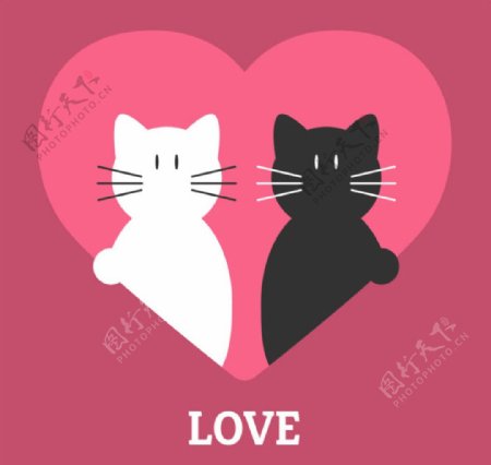 爱心中的黑猫与白猫矢量素材