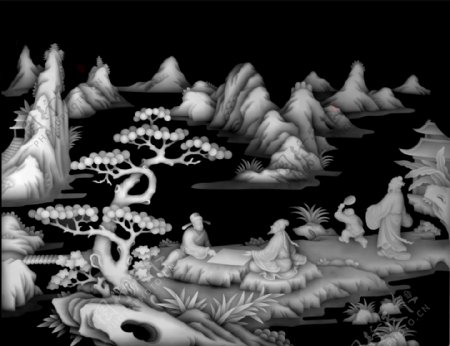 山水风景人物下棋作画浮雕灰度图