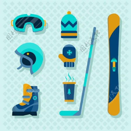 卡通滑雪运动用品元素